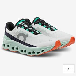 NEW On Running Men’s Cloudmonster, white creek and orange, green size 8